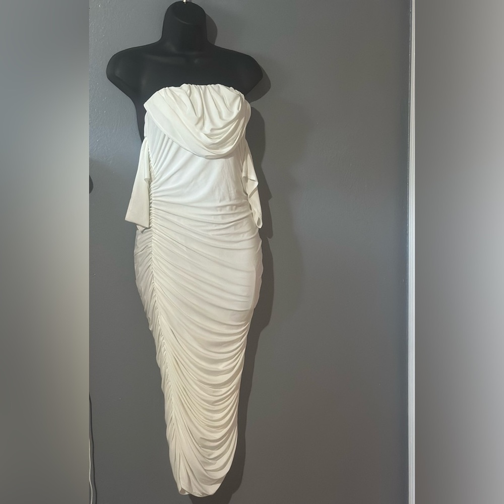 Cream Asymmetrical Ruched Gown
